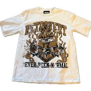 Retrovert Mens White Flame Graphic Retro Vintage Style Pure Cotton T Shirt Sz S